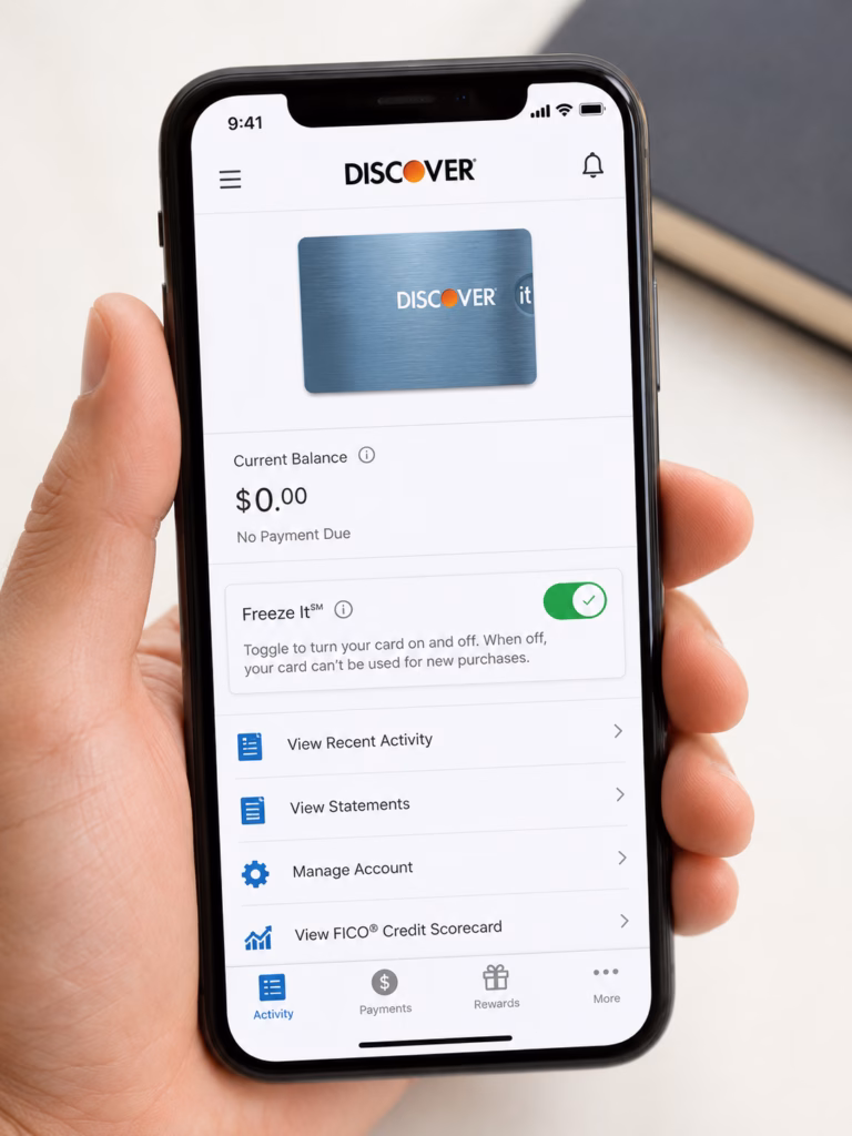 Discover card freeze it feature mobile app.