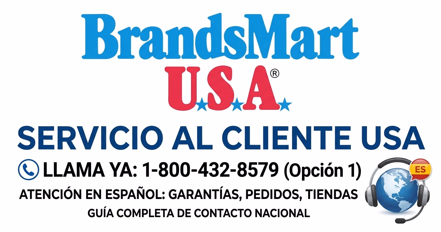 Logotipo oficial de BrandsMart USA para la guía de servicio al cliente y teléfono en español en Estados Unidos.