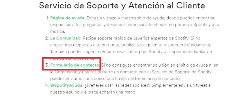 Formulario de contacto spotify