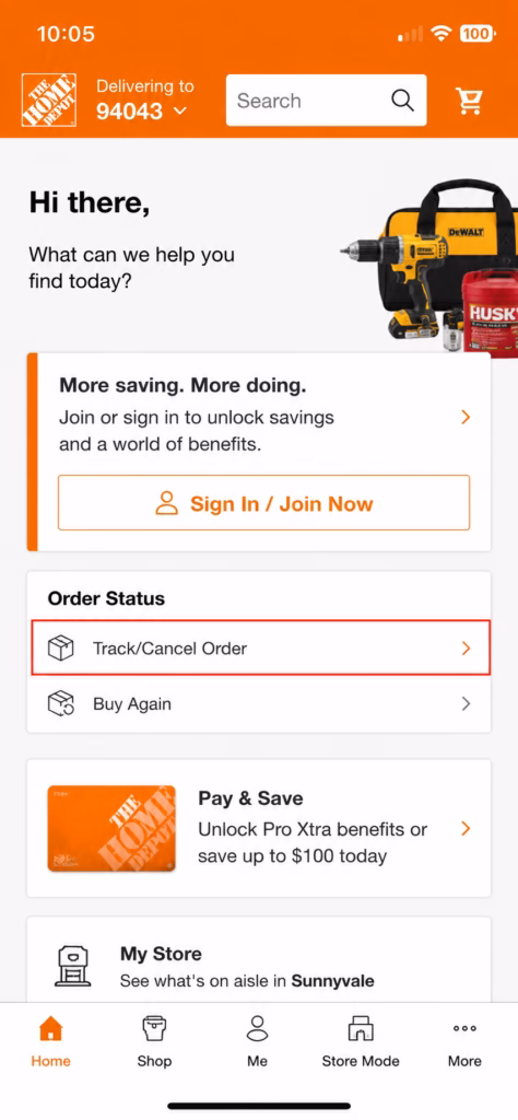 App de Home Depot mostrando el botón de "Track/Cancel Order".