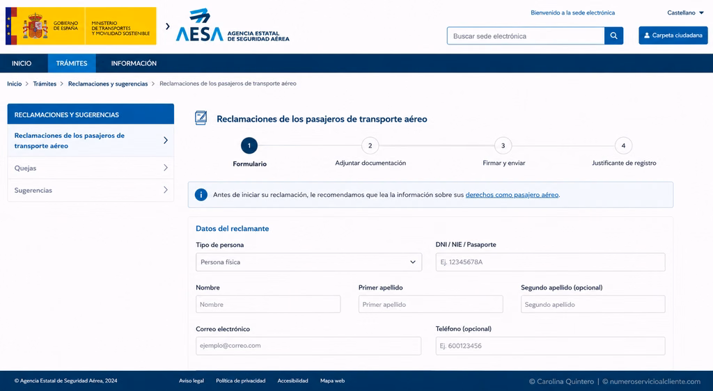 Sede electronica AESA reclamacion vuelos formulario