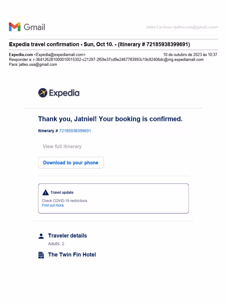 Expedia booking confirmation example