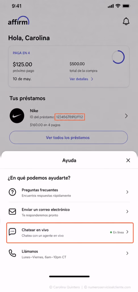 Cómo buscar y capturar "Affirm app live chat screen option" o "Affirm account dashboard loan ID number".