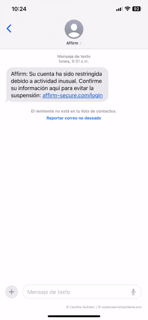 "Affirm phishing text message example" o "Experian credit freeze screen".