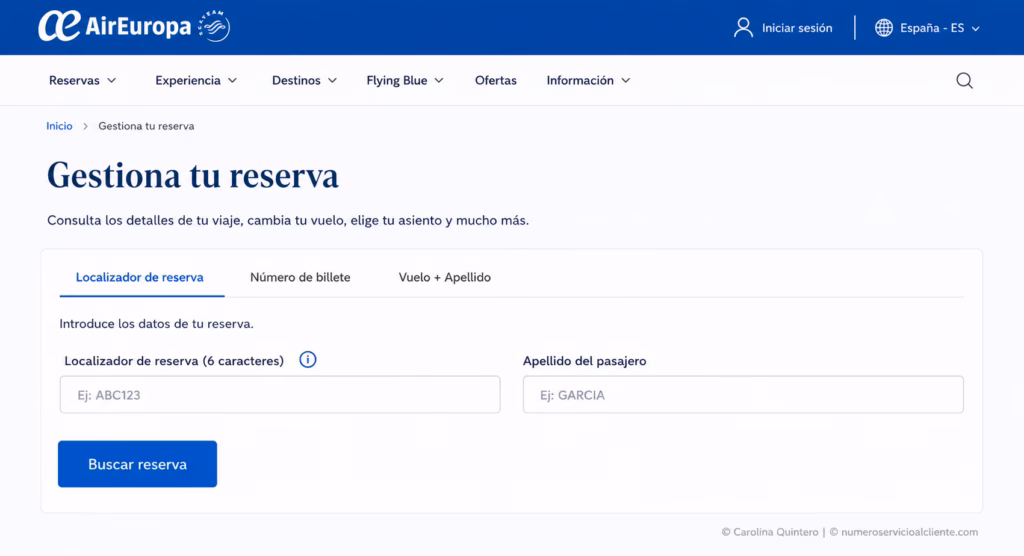 Air Europa gestiona tu reserva formulario localizador