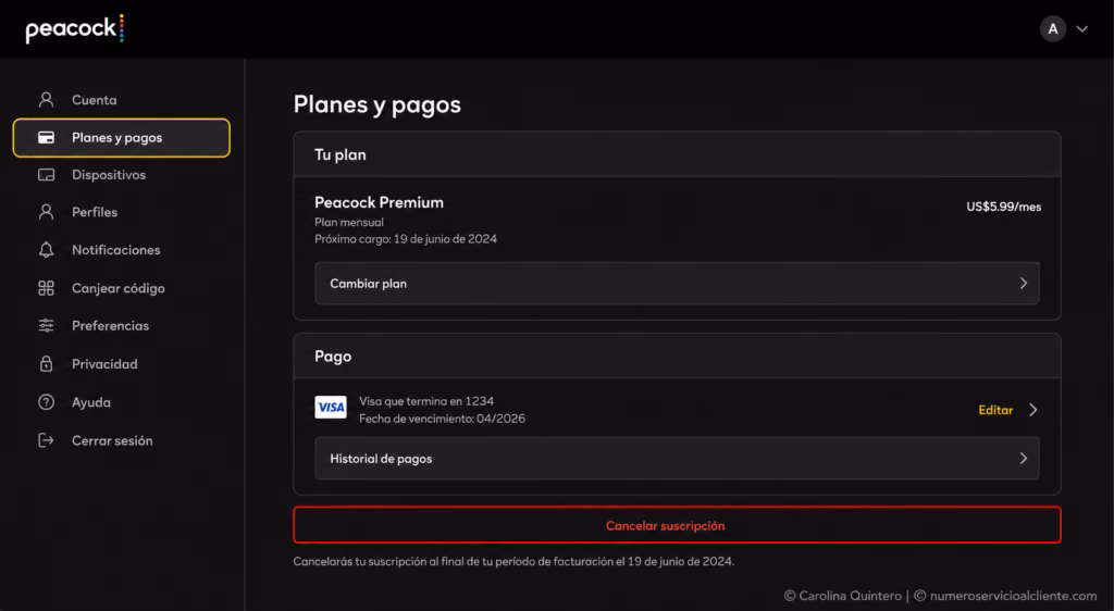 Peacock TV account plans and payments cancel subscription button