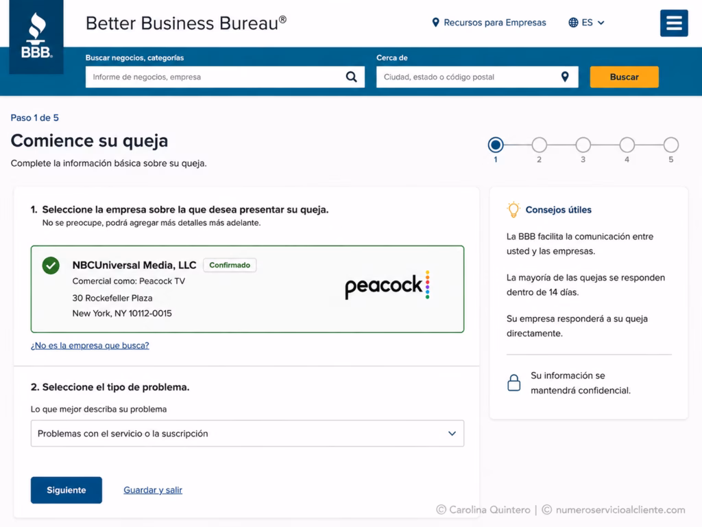 Captura del formulario oficial de quejas de la Better Business Bureau con la entidad legal de NBCUniversal seleccionada.