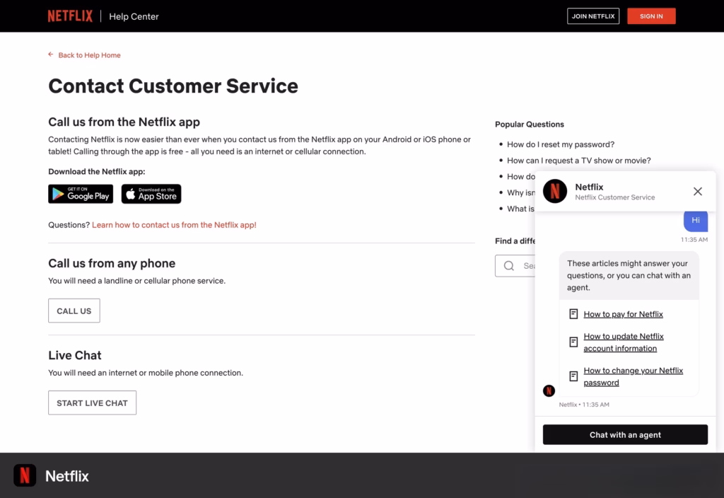 Netflix live chat screenshot