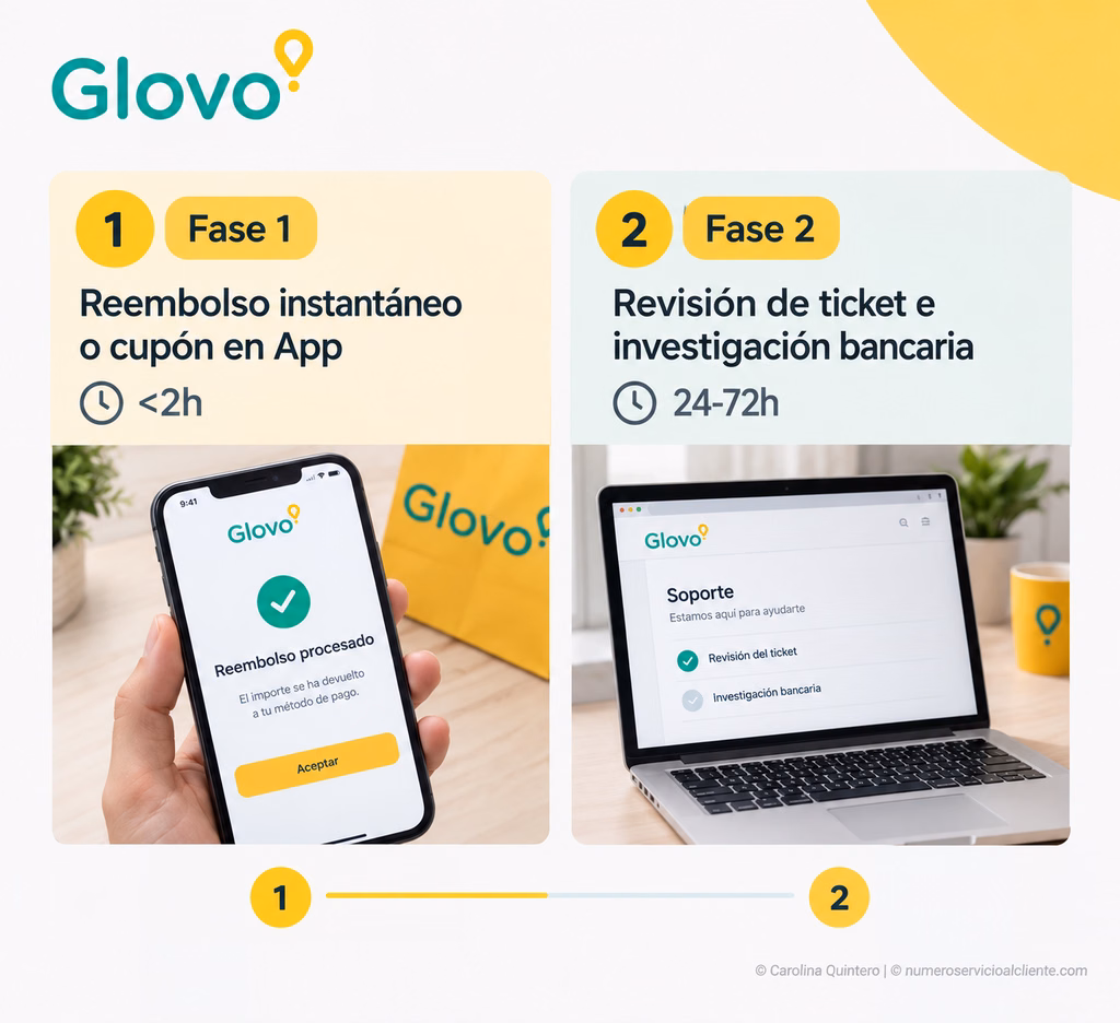 Fase 1 (Reembolso instantáneo o cupón en App <2h). Fase 2 (Revisión de ticket e investigación bancaria 24-72h).