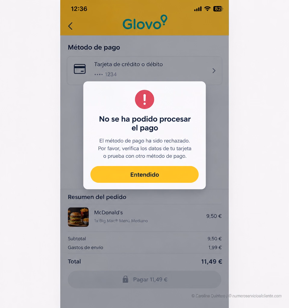 glovo error en el pago metodo de pago rechazado app