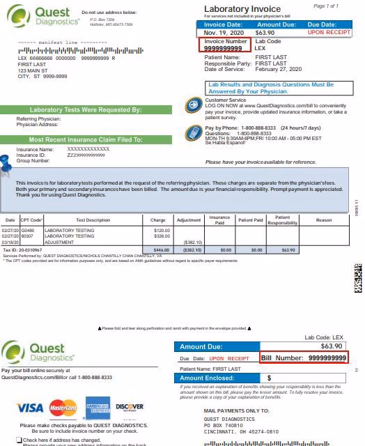 Quest Diagnostics invoice statement sample