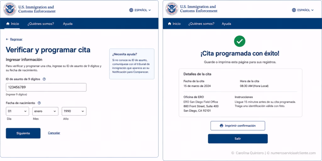 Pantalla donde se ingresan los 9 dígitos y la fecha.

Pantalla de confirmación exitosa con la fecha, hora y dirección de la oficina ERO