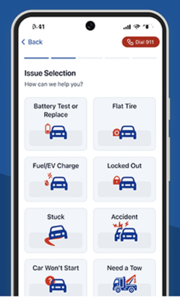 App de Triple A Insurance - Servicio de emergencia vehicular.