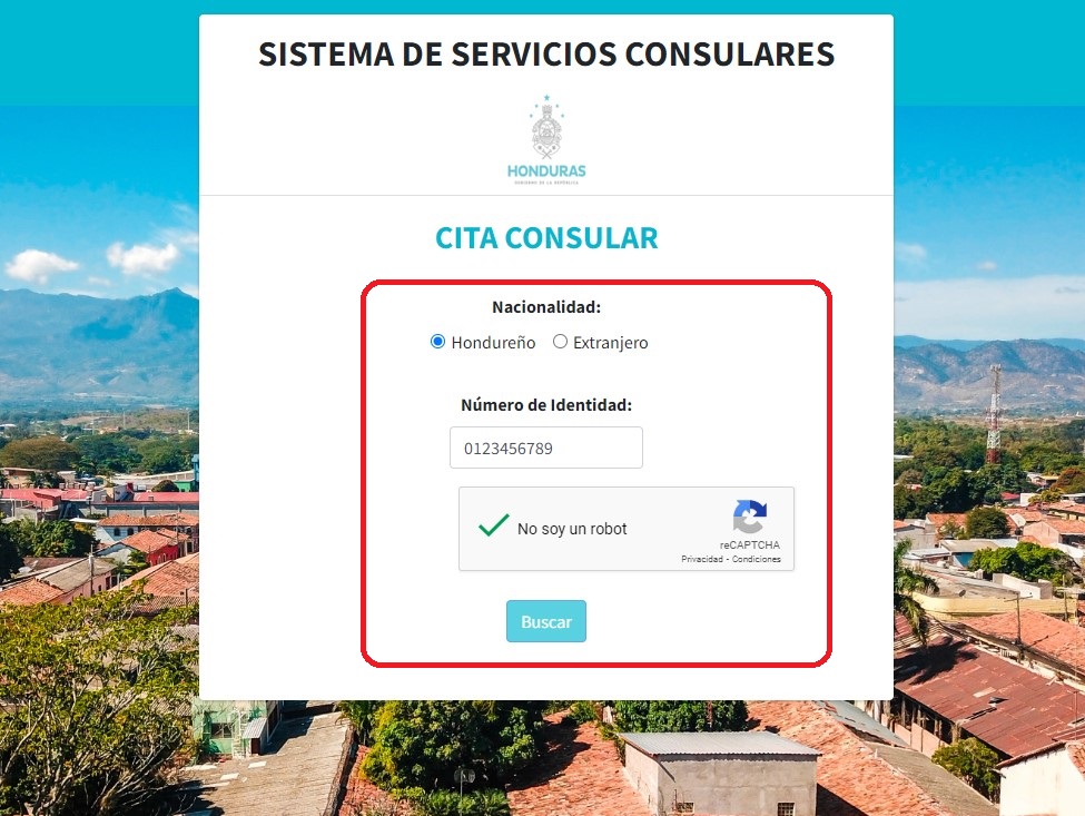 Paso 2: Selecciona tu nacionalidad marcando la casilla correspondiente e Ingresa tu número de identidad si eres hondureño o tu número de pasaporte si eres extranjero, luego haz clic en 'Buscar'.