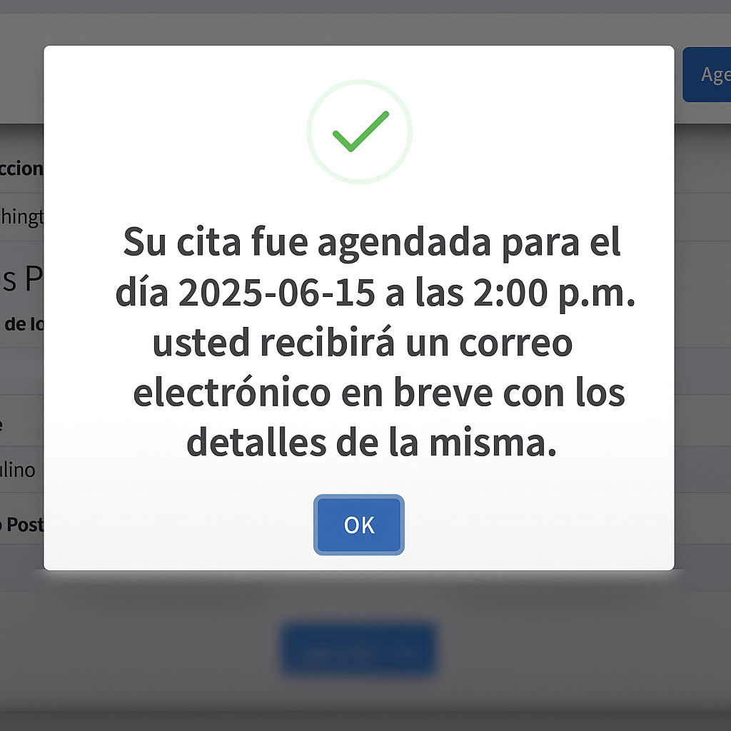 ¡Listo! Tu cita en el Consulado de Honduras en USA está reservada.