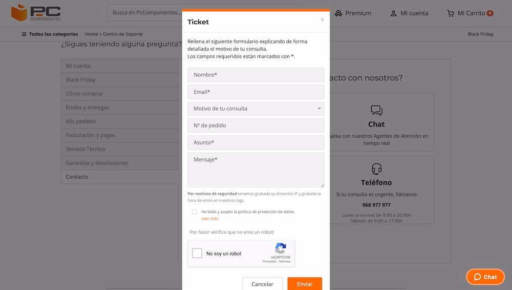 Chat PCComponentes y Atención Online