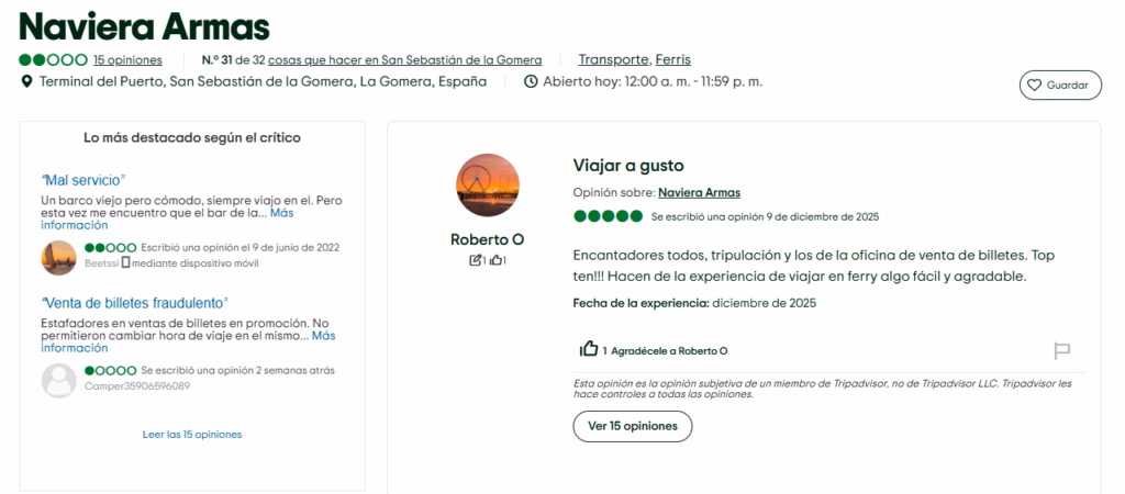 Opiniones reales de Naviera Armas (2024–2026)