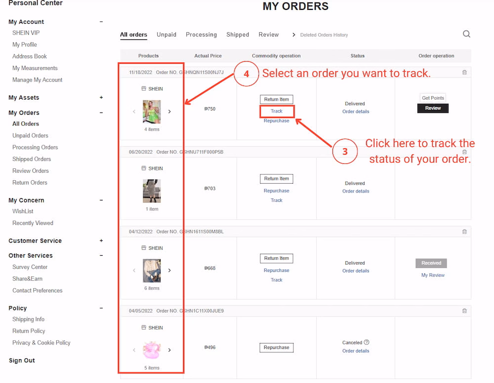 Seguimiento de pedidos SHEIN