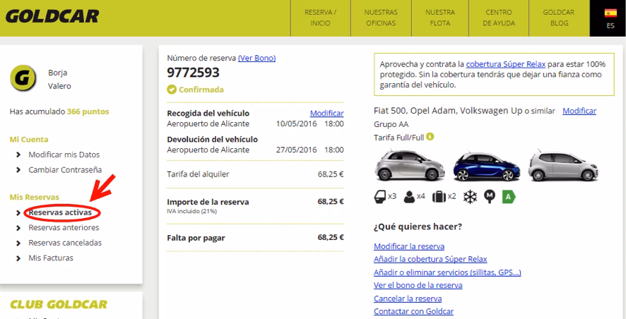 Cómo modificar una reserva Goldcar paso a paso