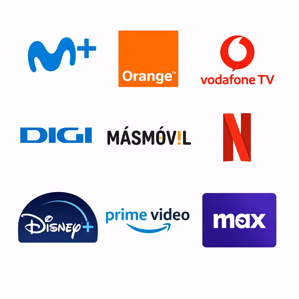 Movistar Plus+, Orange TV, Vodafone TV, DIGI, MásMóvil, Netflix, Disney+, Amazon Prime Video, Max