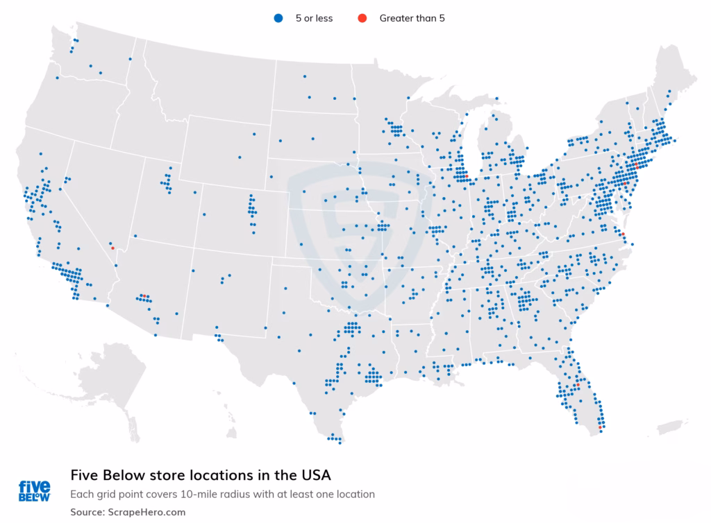 Ubicaciones populares de Five Below en ciudades de Estados Unidos