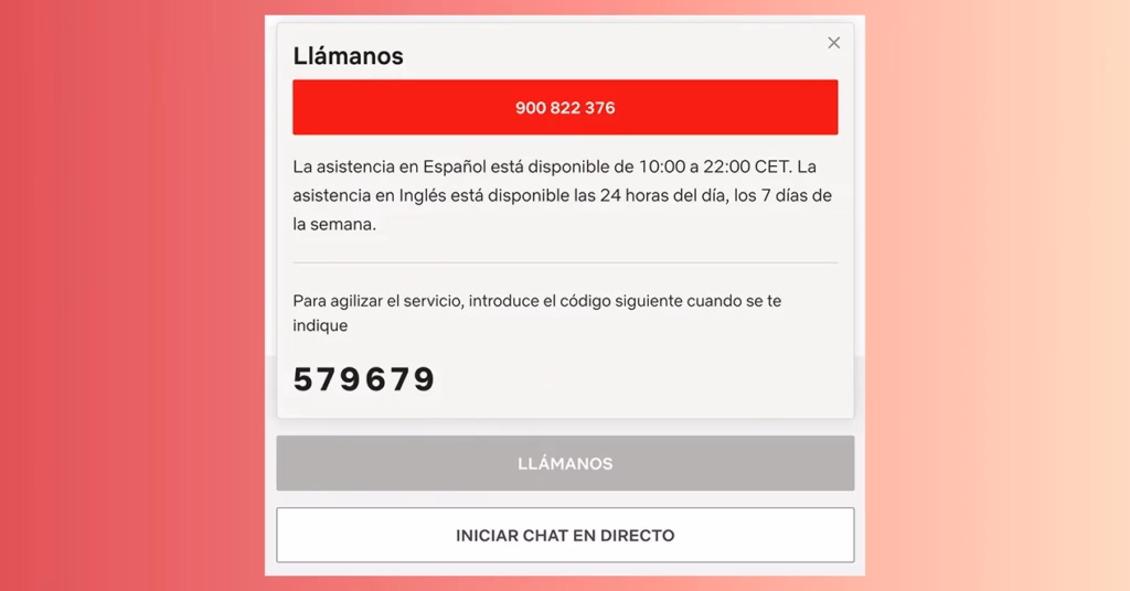 Netflix código servicio llamada