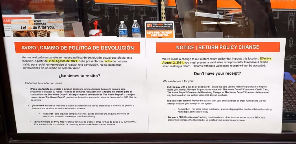 Recibo de la política de devoluciones de Home Depot