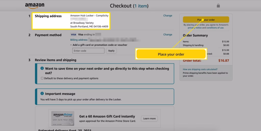 Amazon hub locker delivery selection checkout screen