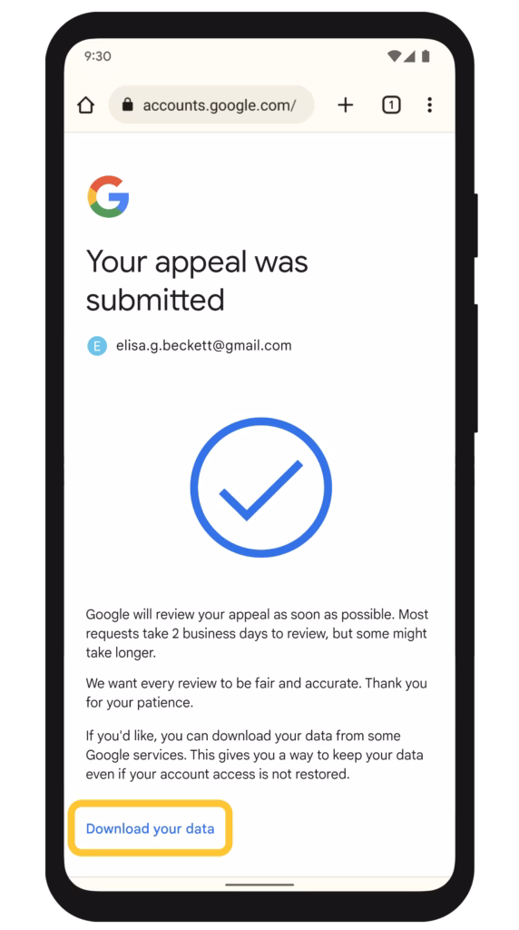 Google account disabled appeal form template screen