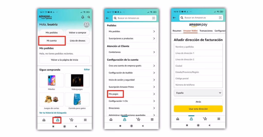 La interfaz de pago de Amazon donde se añade un punto de recogida cercano en lugar de la dirección física.