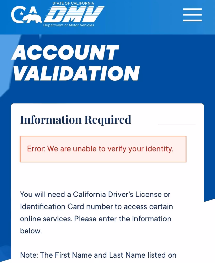 error system DMV login