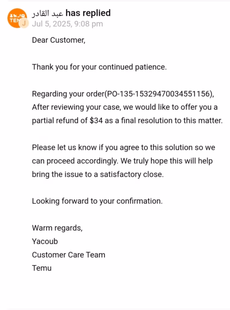 Temu open dispute screenshot
