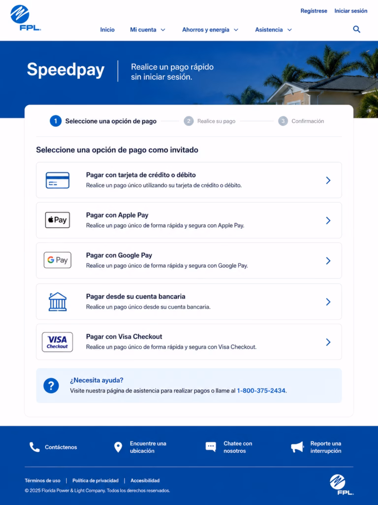 Captura de pantalla del portal Speedpay de FPL mostrando los campos requeridos para el pago sin necesidad de loguearse.