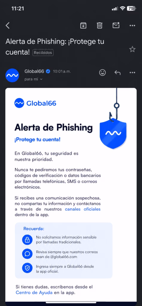 Global66 centro de ayuda advertencia seguridad