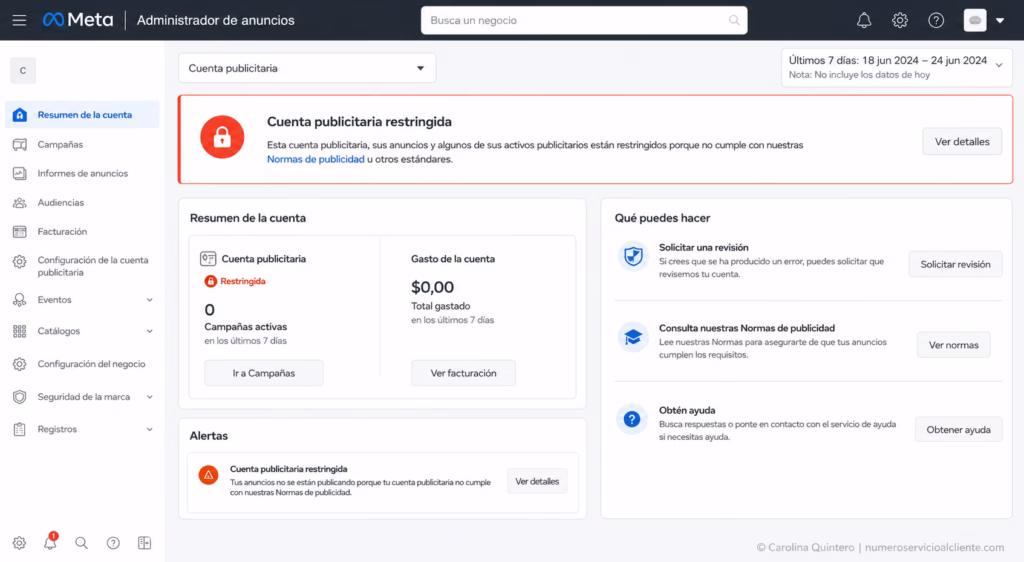 interfaz de Meta Ads Manager mostrando una cuenta publicitaria restringida. Cómo buscar en Google Imágenes: Meta Ads Manager restricted account status interface.