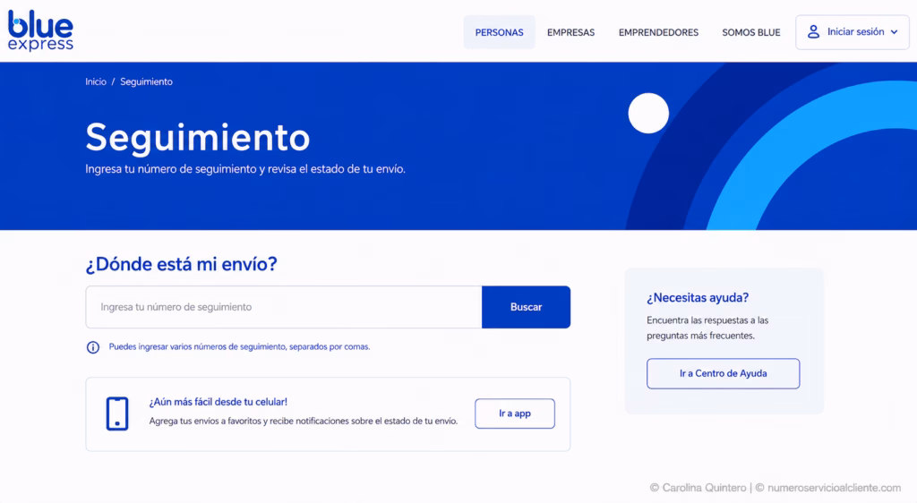 (Rastreo en sitio web): Captura de la interfaz de rastreo web oficial en blue.cl/seguimiento.