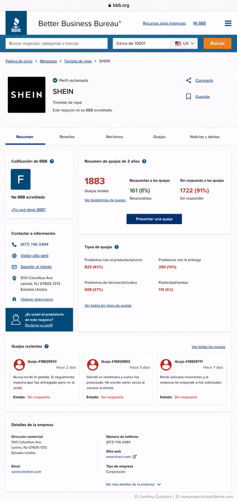 Captura del perfil oficial de Shein en la BBB mostrando el historial de reclamos.