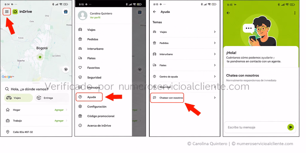 Captura del menú interno de la app (Menú -> Ayuda -> Chat) editado con flechas rojas y la marca de agua: "Verificado por numeroservicioalcliente.com